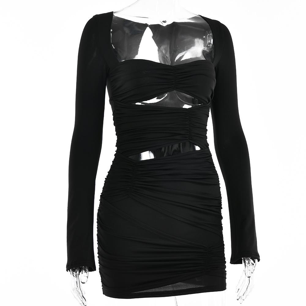 Женское осеннее элегантное вечернее платье для ночного клуба с длинным рукавом и вырезом, сексуальное мини-платье с рюшами