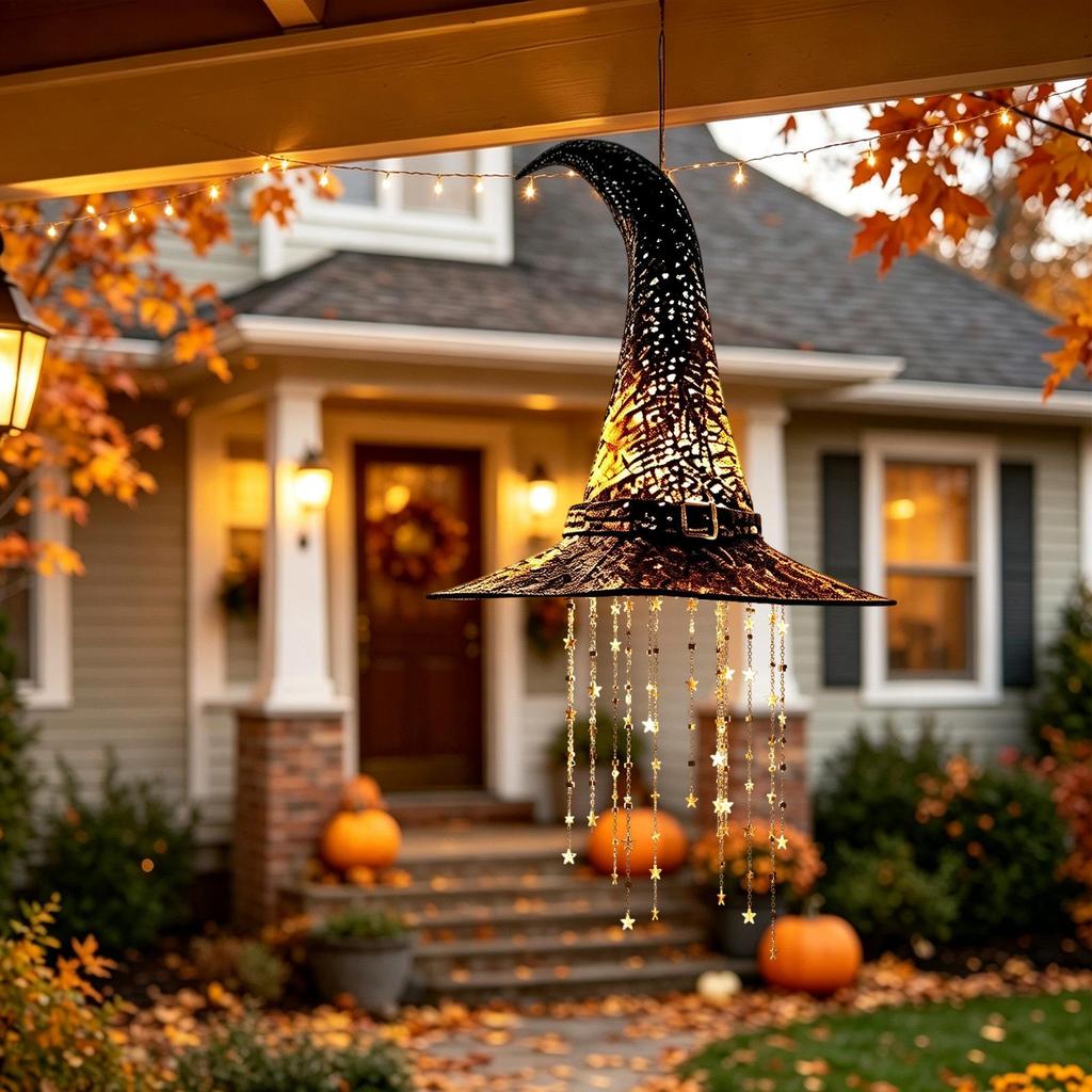 Lighted Witch Hat Hanging Chime Warm Led Glow Hanging Design LED Halloween Ornament Decor Warm LED Lights Hanging Witch Hat