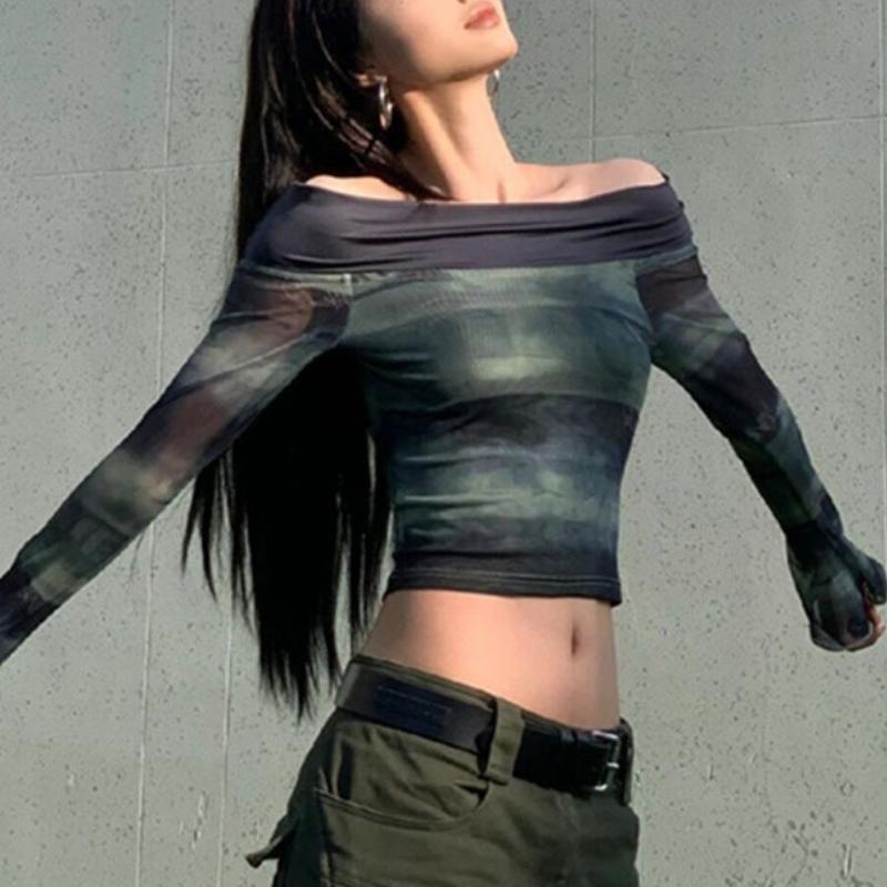 Тонкий уличный топ с открытыми плечами и принтом в стиле ретро, женские летние винтажные футболки Pure Desire с длинными рукавами, женский сетчатый повседневный пуловер для горячих девушек