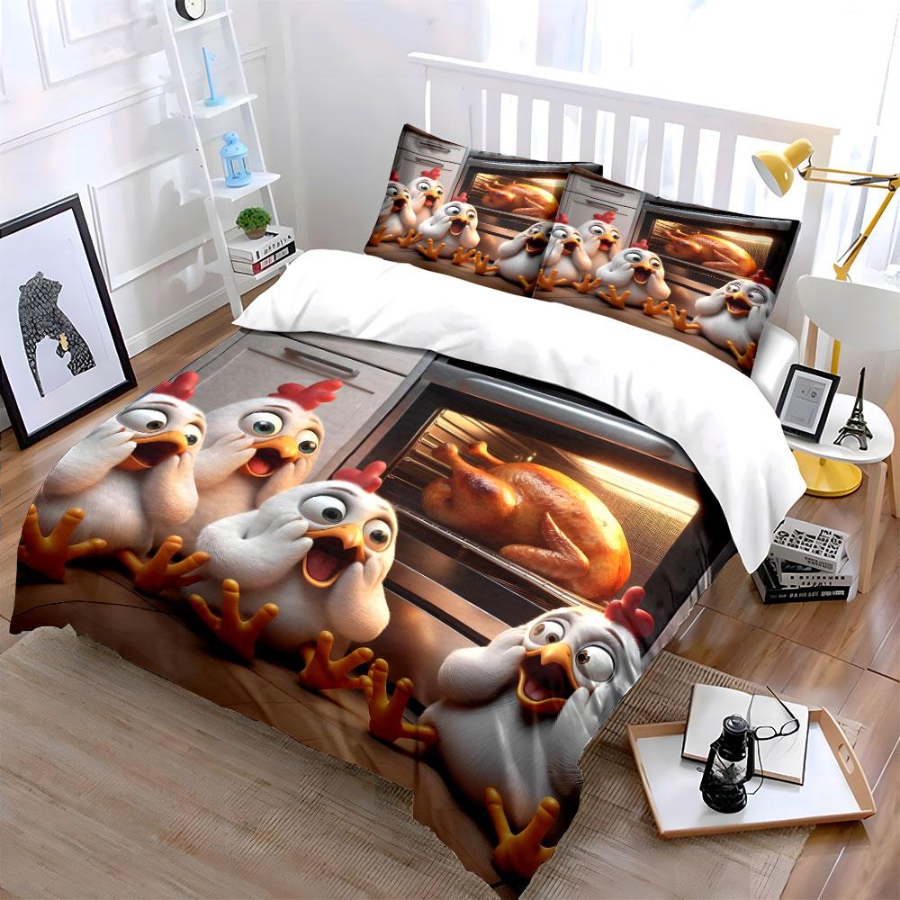 "Animated Chicken Trio Kitchen Surprise" Exquisite three-piece bedding set gift for kids and adults