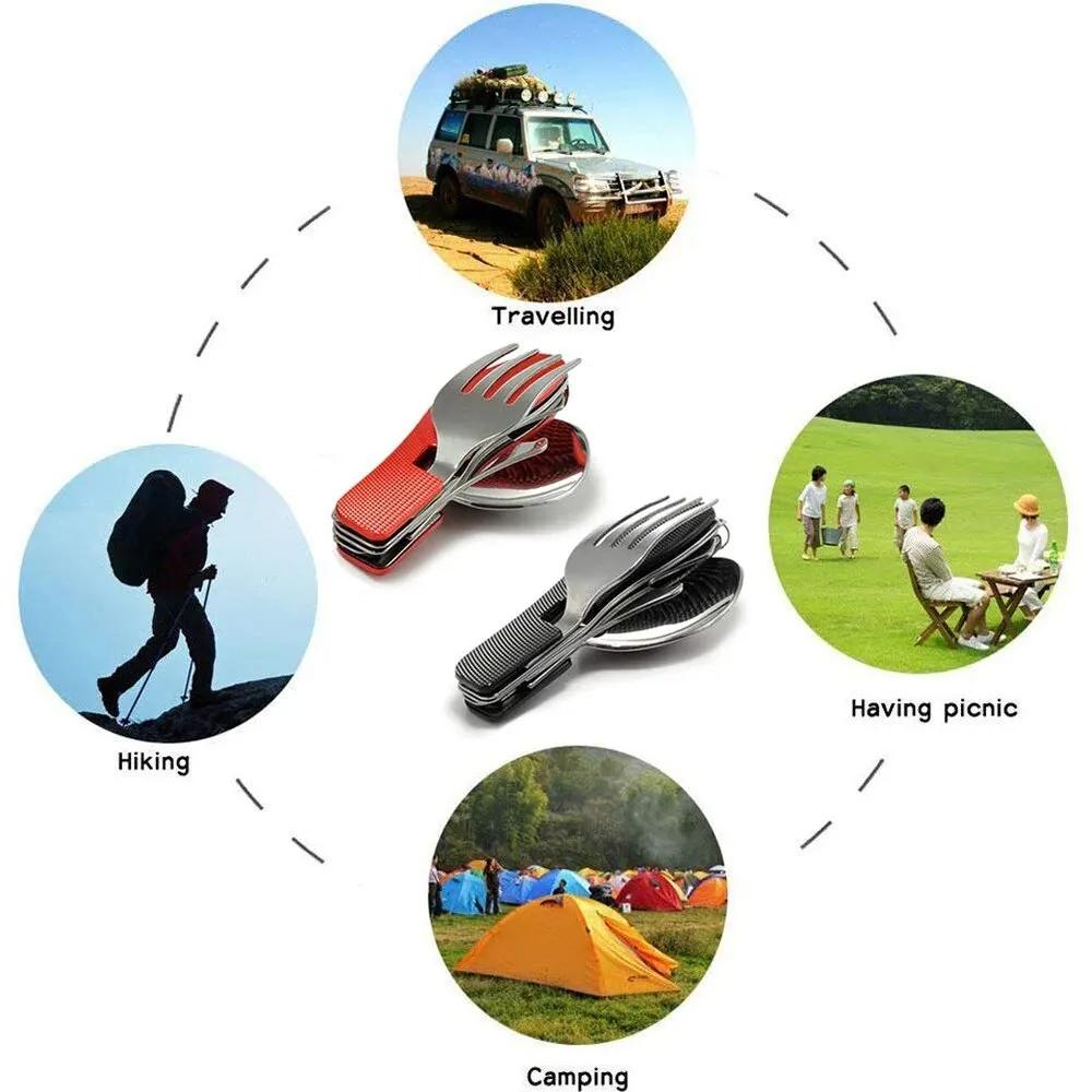 Складной набор походной посуды - многофункциональный нож, вилка, ложка, набор для активного отдыха и спорта, кемпинга, пикника, путешествия