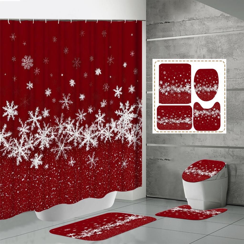4PCS Shower Curtain Sets With Shower Curtain And Rugs Toilet Lid Rug U Shape Mat And Bath Mat Bathroom Set With 12 Hooks