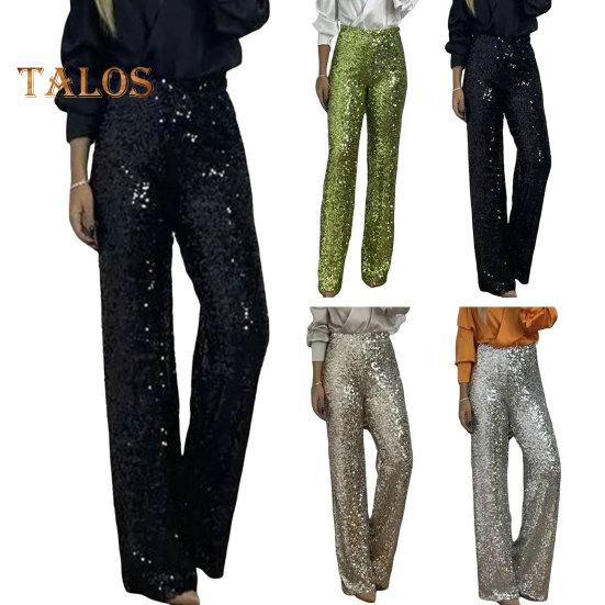 Women Sequins Long Pants High Waist Slim Fit Shining Trousers Solid Color Elastic Flared Pants Streetwear