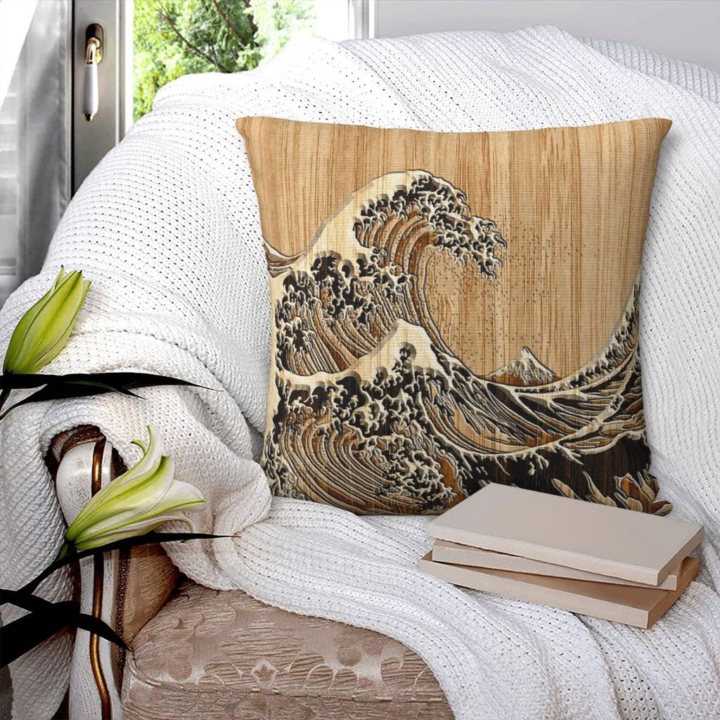 The Great Hokusai Wave In Bamboo Inlay Style Square Pillowcase Pillow Cover Cushion Zip Decorative Throw Pillow for Home Sofa