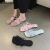Fashion SUOJIALUN 2025 Summer New Brand Women Slipper Fashion Bow-knot Square Toe Slip On Ladies Slides Shoes Flat Heel Beach Sandal Sho