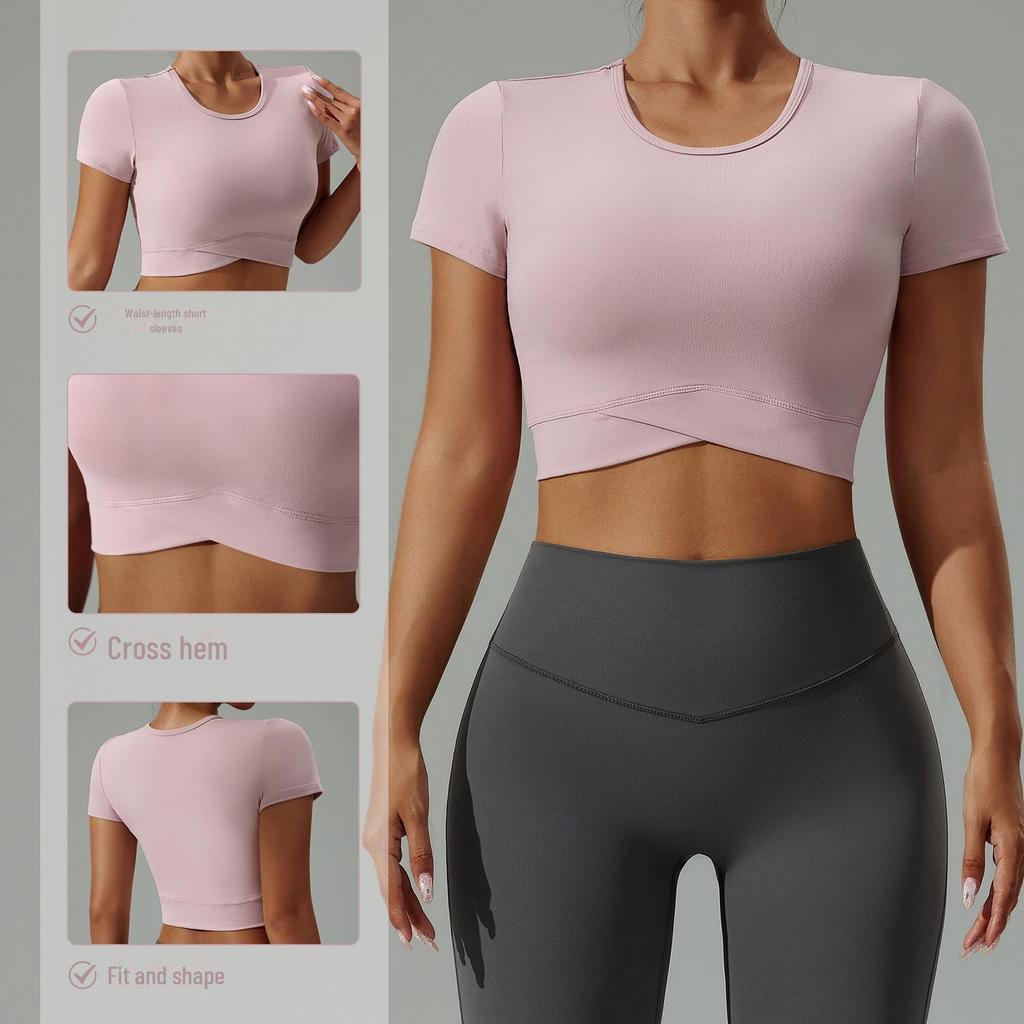 Женский летний укороченный топ для йоги — сексуальный, высокоэластичный, дышащий, с круглым вырезом и коротким рукавом, футболка для фитнеса