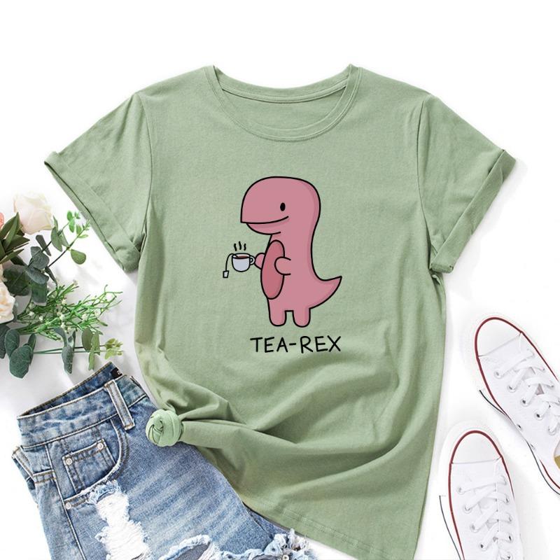 Summer Women's Pink Printed Dinosaur Pure Cotton Loose Round Neck Short Sleeved T-Shirts Women’s