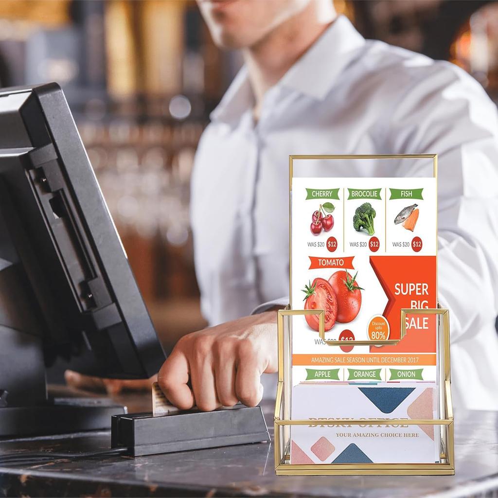 BTSKY Golden Glass Brochure Holder for 4" Wide Trifold Handouts, Countertop Pamphlet Holder Display Stand with Business Card Holder, Flyer Display