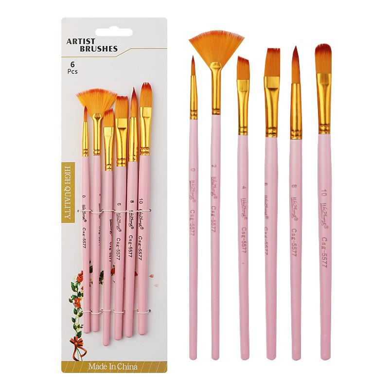 Set of 6 Cross-border Nylon Hair Oil Painting Brushes with Multiple Heads, Pearlescent White Handle, Ideal for Watercolor and Acrylic Art