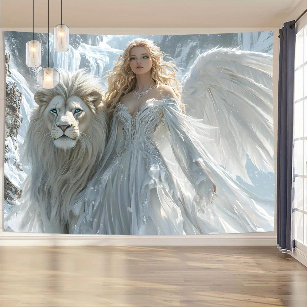 VIKAMA Ice and Snow Angel and White Lion Tapestry Fantasy Wonderland Beautiful Dreamy Style Living Room Home Decoration