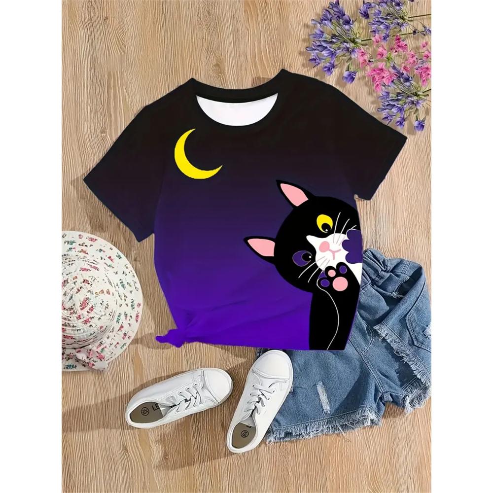 New Funny Animal Cat 3d Print Girls' T-Shirts Party Fashion Short Sleeved Tops Tee 2025 Casual T-Shirts Girls' Clothing