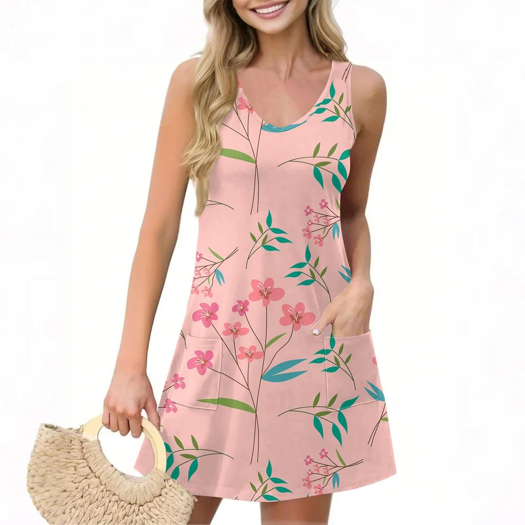 Женское повседневное летнее платье-жилет с карманами, цветочным принтом, V-образным вырезом, без рукавов