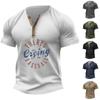 Vintage Summer Men's T-Shirt Streetwear 3 Buttons Open Fly Loose Clothing Print Short Sleeve T-Shirt