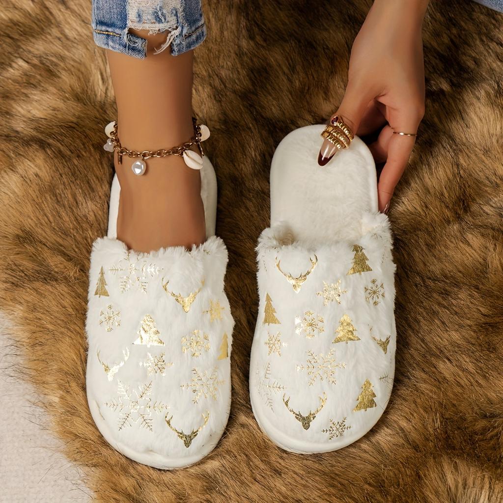 Christmas Pattern Plush Winter Slippers, Cozy & Warm Slip On Fuzzy Flat Shoes, Closed Toe Indoor Floor Slippers