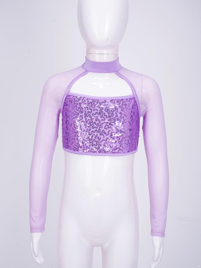 Детский кроп-топ с длинным рукавом, пайетками и сеткой для танцевальных выступлений