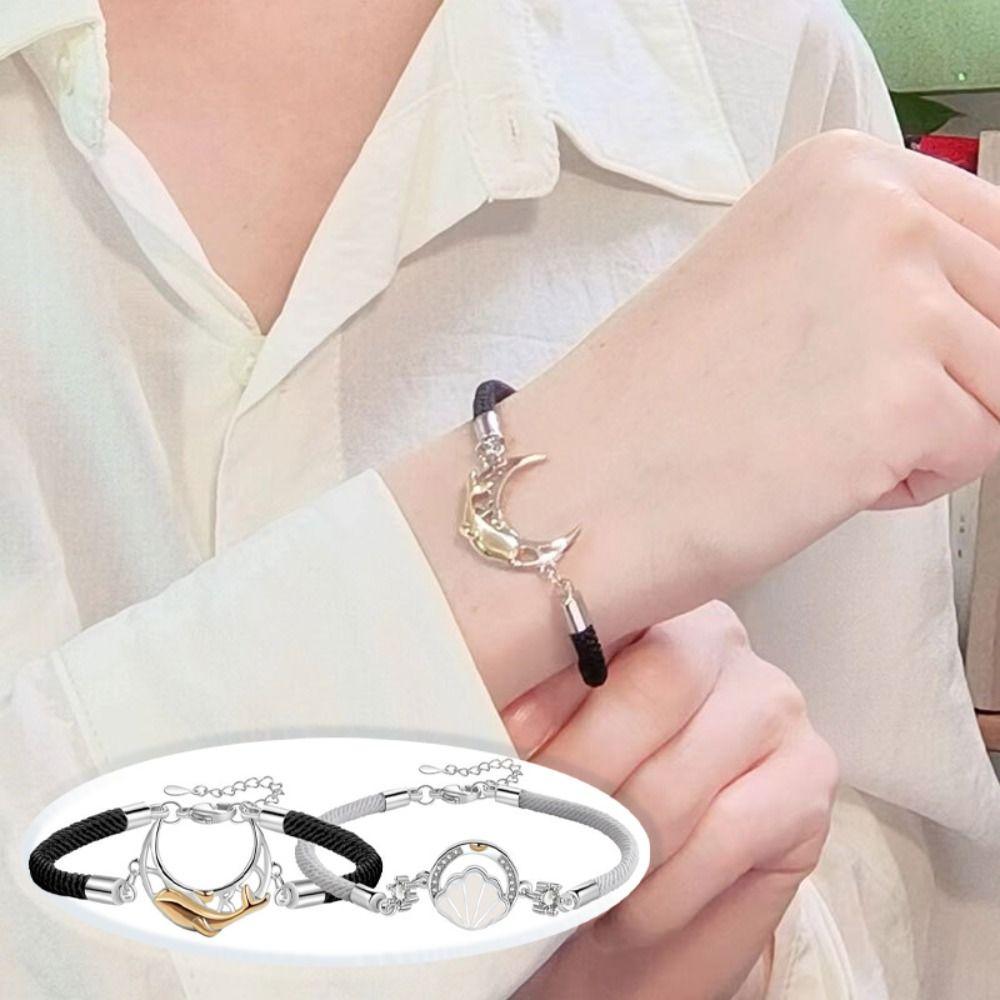 2PCS Light Luxury Lovers Bracelet Crystal Rope Weave Bracelet Couple Moon Bracelet  Couple Gift