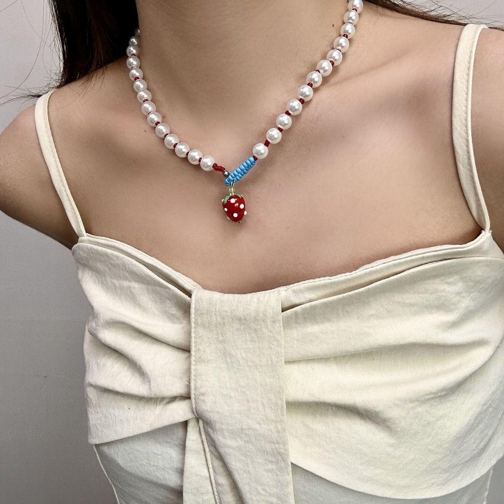Childlike Delight Strawberry Bead Necklace Cartoon Fruits Women Jewelry Funny Pearl Necklace Lady