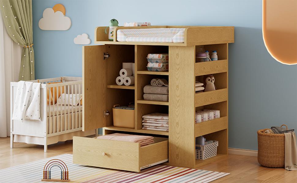 Changing dresser natural color, with drawer, cabinet & storage, towel holder, changing area with partitions, natural wood design
