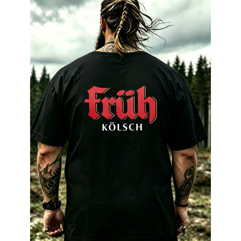 Men'S T-Shirt Black Frueh Kolsch Logo Print Casual Wear For Outdoor Events And Daily Use, Plus Size