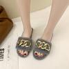 Fashion 2024 Winter New Women's Home Solid Color Metal Decoration Fluffy Furry Cotton Slippers