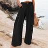 Summer Cotton Linen Wide Leg Pants Women Loose Palazzo Pant Pocket Elastic Waist Button Casual Pants