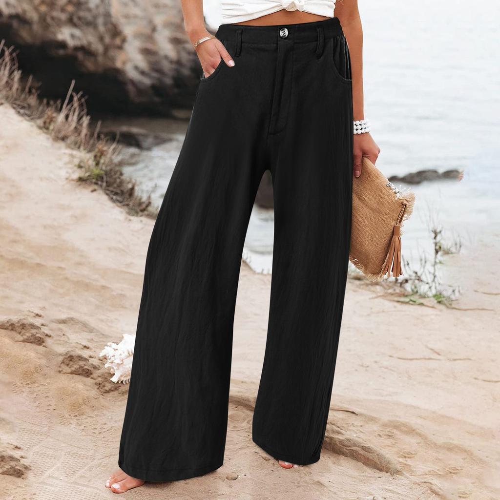 Summer Cotton Linen Wide Leg Pants Women Loose Palazzo Pant Pocket Elastic Waist Button Casual Pants