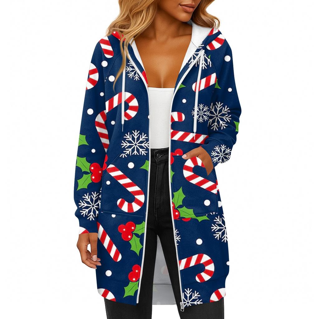 Women's Fashionable Christmas Printed Long Sleeved Drawstring Hooded Zipper Pocket Long Casual Sweatshirt Jacket