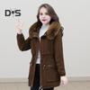 Winter Women Cotton Jacket with Furry Hood with Double Pockets Drawstring Waist Mid Length Zipper Closure Coat Solid Color Windproof Outwear Parka