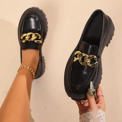 Туфли с круглым носком и черной металлической цепочкой для женщин, средний каблук, неглубокий носок, одинарные туфли для женщин, офисная обувь, удобные туфли-лодочки Mujer