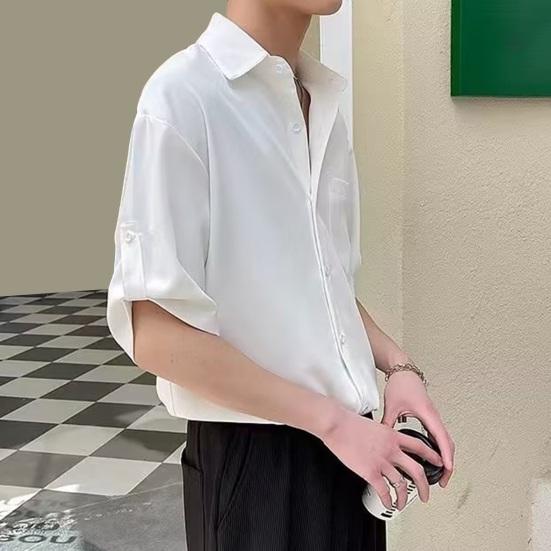 Мужская летняя рубашка, сплошной цвет, пуговицы, лацкан, половина рукава, однобортный, свободный, нагрудный карман, запонка, мягкий дышащий, быстросохнущий повседневный деловой топ