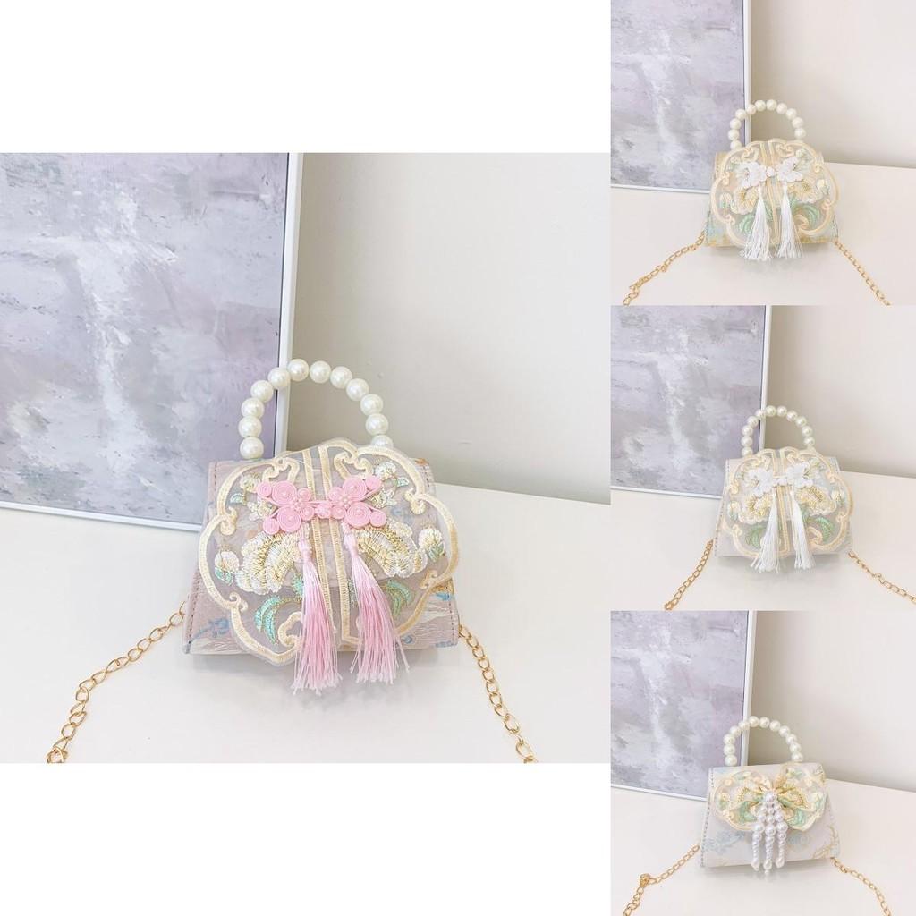 Lovely Geometric Patterned Shoulder Bag For Kids Featuring Chic Tassels And Elegant Pearls