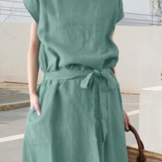 Женское платье макси из хлопка и льна в стиле бохо, летнее, с коротким рукавом, круглым вырезом, длинным платьем, поясом и карманами, повседневный пляжный сарафан