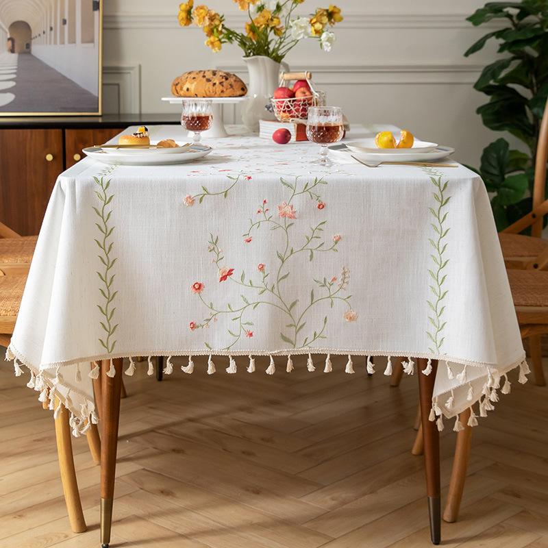 Трехмерная вышивка Скатерть Легкая роскошь Французский ретро Прямоугольная Скатерть для кофейного столика Высококачественный хлопок-лен Декор