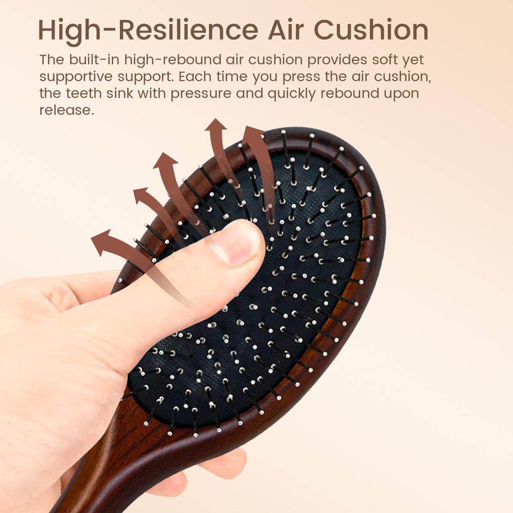 Natural Wooden Paddle Hair Brush with Metal Bristles Scalp Massage Air Cushion Comb for Detangling Hair Growth Hair Care Tool