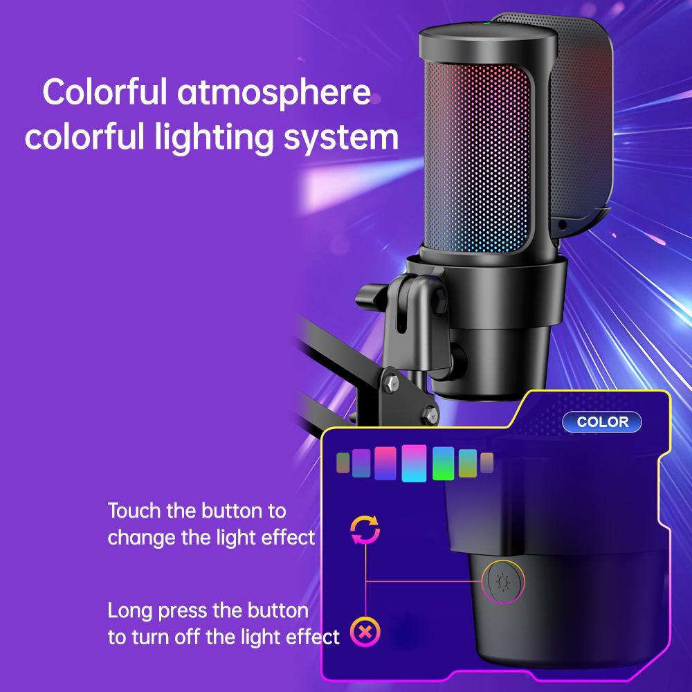 USB Игровой Микрофон Компьютерный Микрофонный Комплект RGB Освещение Кардиоидный Режим Захвата Быстрый Регулировка Громкости и Усиления с Стойкой-Штангой для GamingCelsiusMeetingCelsiusLive