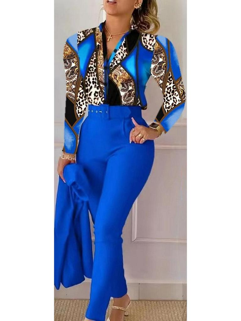 Принтованный топ с длинным рукавом и однотонный брючный костюм с поясом