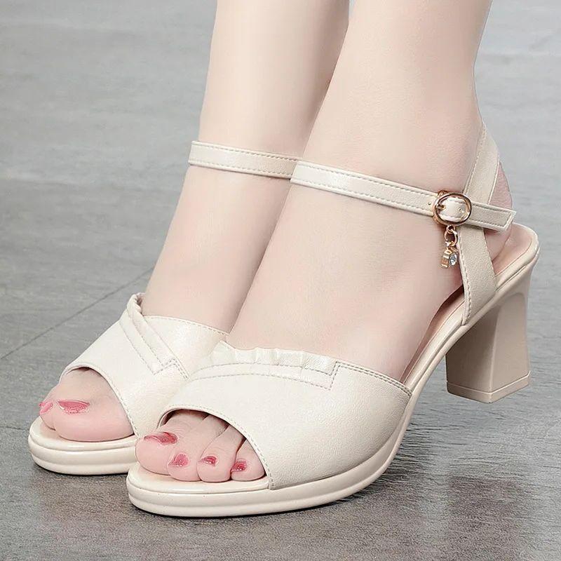 Мода Женская мода Черный Удобный Летний Полый Открытый Носок Туфли Квадратный Каблук Женская Весна Пряжка Ремешок Вентиляция Нежный Простой