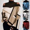 Women Fall Spring Top Hollow Out Off Shoulder Color Matching Geometric Print Long Sleeves Loose High Collar Pullover Lady Mid Length T-shirt Blouse