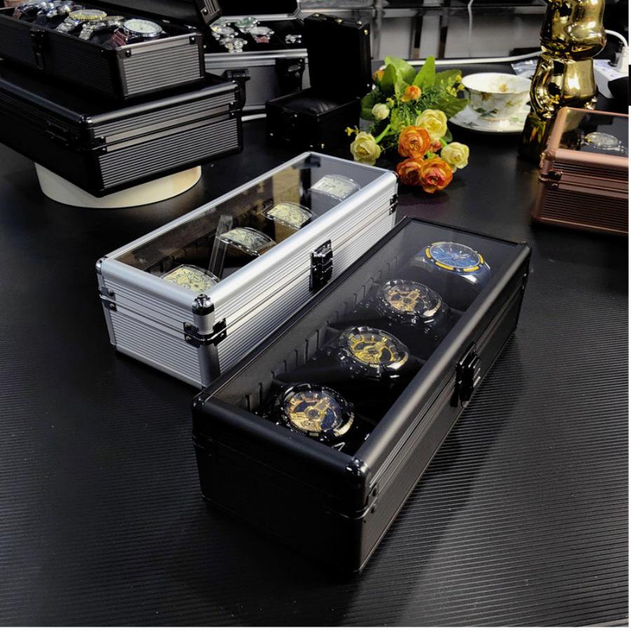 Алюминиевая коробка для хранения часов с 4 отделениями - Ударопрочный и запираемый подарочный кейс