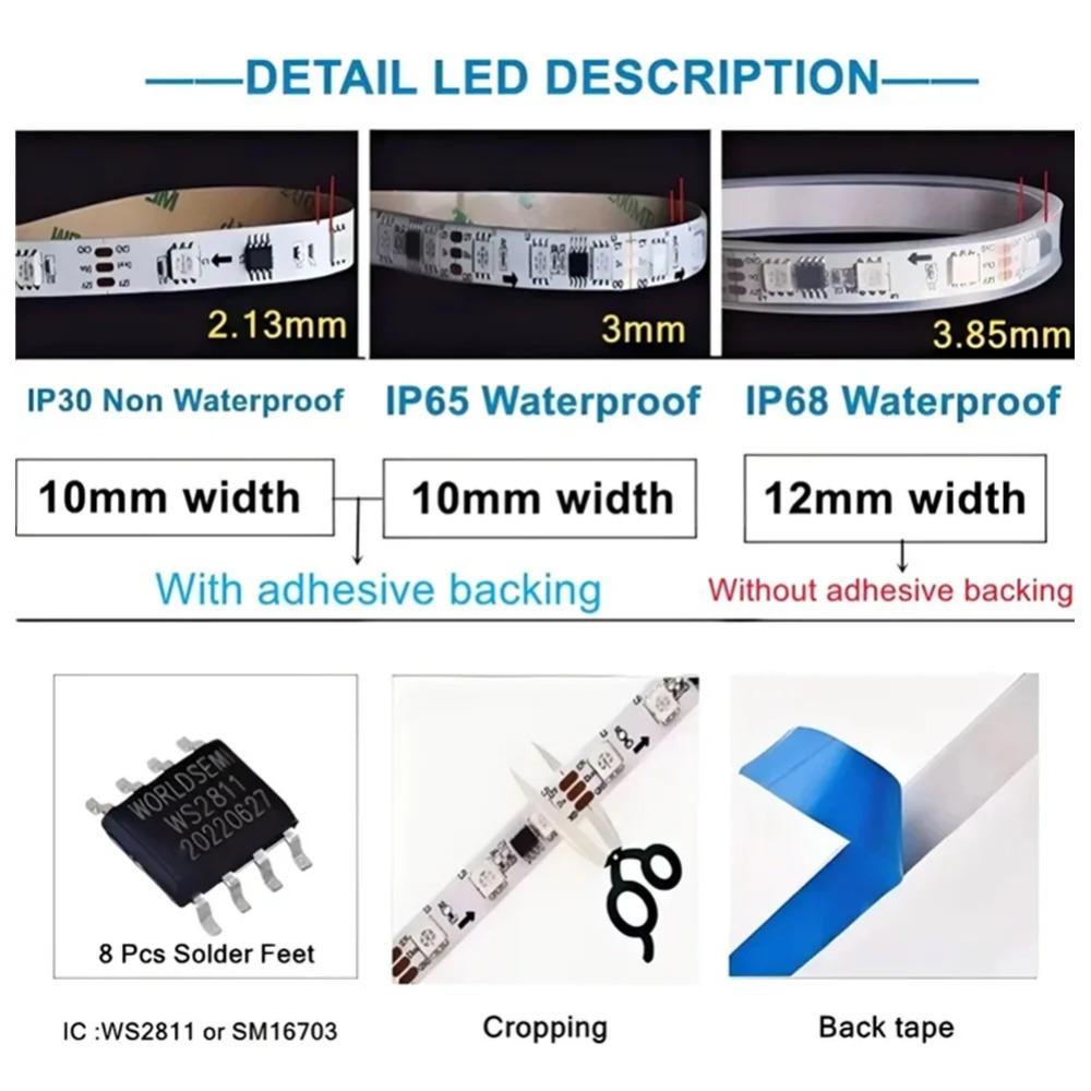 WS2811 Smart IC RGB LED Strip 30/60LEDs/M Individually Addressable LED Tape DC12V 24V Black/White PCB IP30 IP65 IP68 Waterproof