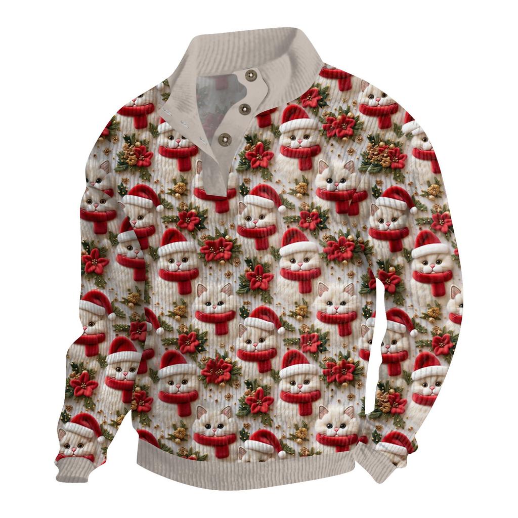 Men's Christmas Cotton Pullover Long Sleeve Outdoor Shirt Vintage Corduroy Button Stand Collar Shirt Casual Sweatshirt Christmas Print Top