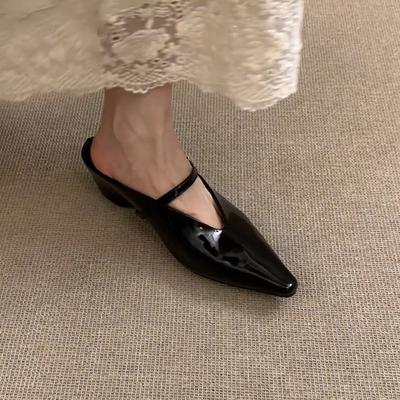 Полутапочки на внутренней платформе, женские лакированные туфли-лодочки с острым носком на одной пуговице, универсальные сандалии с V-образным вырезом, на одной педали