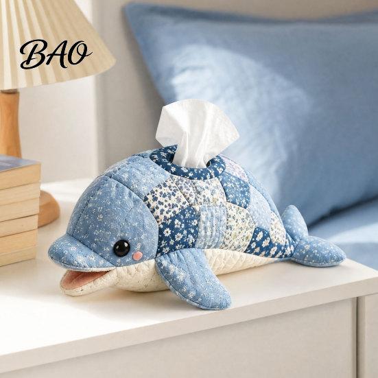 Living Room Tissue Box DIY Box, Top Opening Soft Fabric Cover, Marine Animal Theme Kids Friendly Holder Dispenser, Multipurpose Patchwork Designs