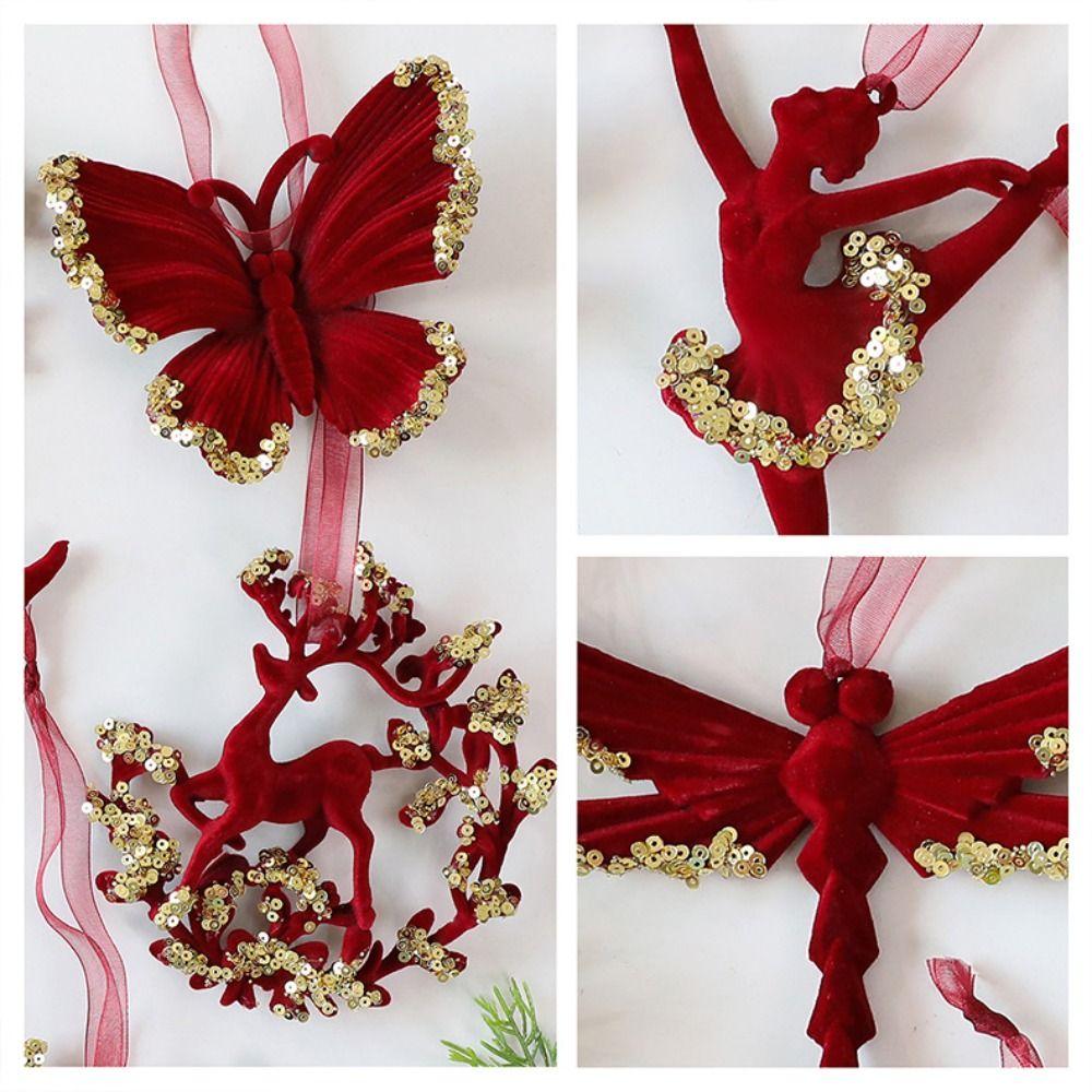 New Red Xmas Tree Ornament Bowknot Flocked Xmas Tree Charm Flower Wreath Hanging Christmas Tree Pendant Party Supplies