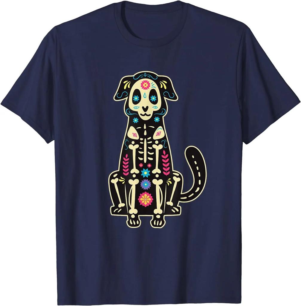Dog Sugar Skull Dia De Los Muertos Perro Day of The Dead T-Shirt Casual Four Seasons Daily Graphic T Shirts Unisex Clothing