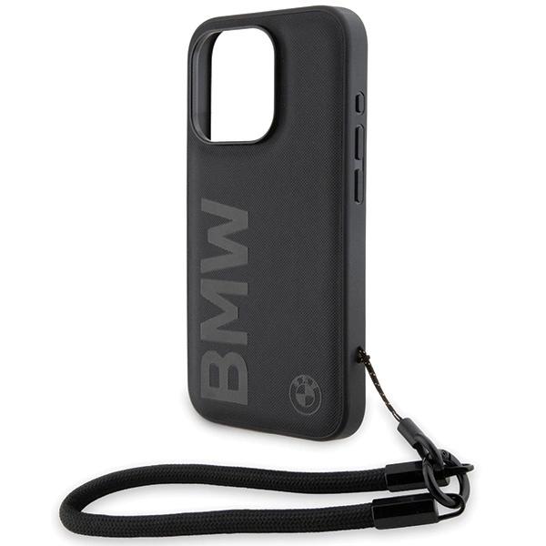 Bmw Signature Leather Wordmark Cord Case For Iphone 15 Pro - Black