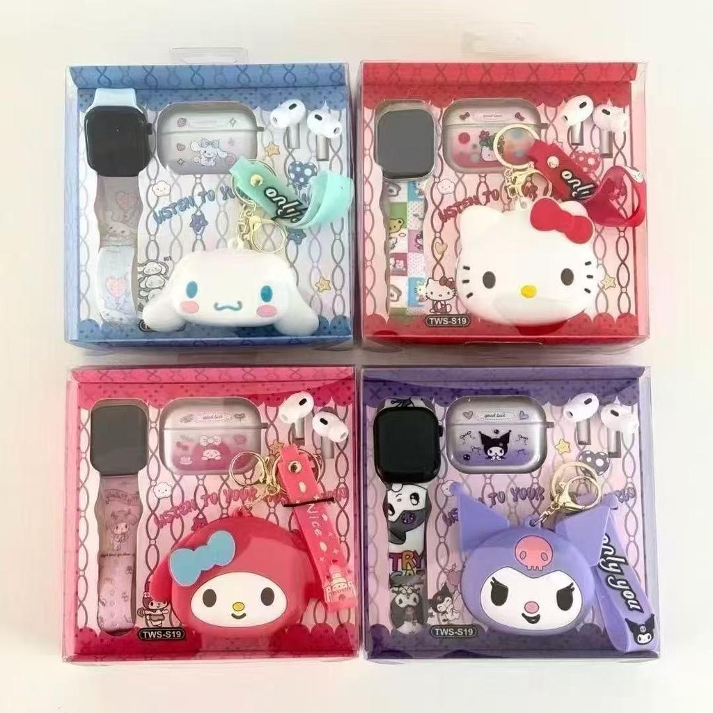 TWS-S19 Wireless Bluetooth Earphones with In-Ear Design, Cute Cartoon Storage Bag, and LED Watch Set