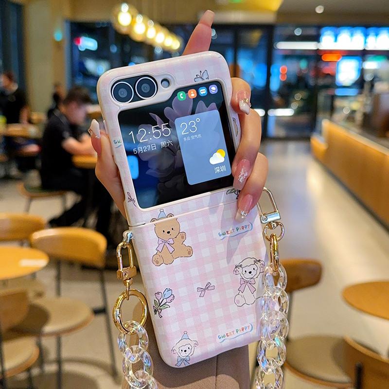 Cute Pink Plaid Foldable Phone Case Leather Cover With Crystal Chain For Samsung Z Flip6 Z Flip5 Z Flip4 Xiaomi Mix Flip Huawei P50 Pocket