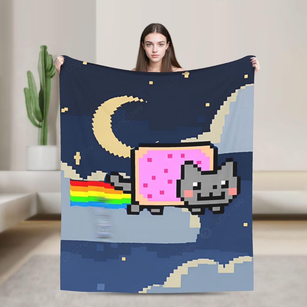 Cat Rainbow Pixel Space Nyans Blanket Flannel Textile Decor Multifunction Soft Throw Blankets for Bedding Couch Rug Piece