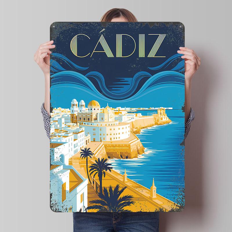 Cdiz Cityscape Travel Printed Poster Customized Wall Art Retro Vintage Metal Tin Signs for Room Ornaments Mancave Decoration